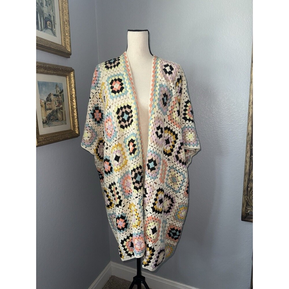 Knit Crochet Granny Square Patchwork Cardigan One Size boho Festival Pastel Cozy
